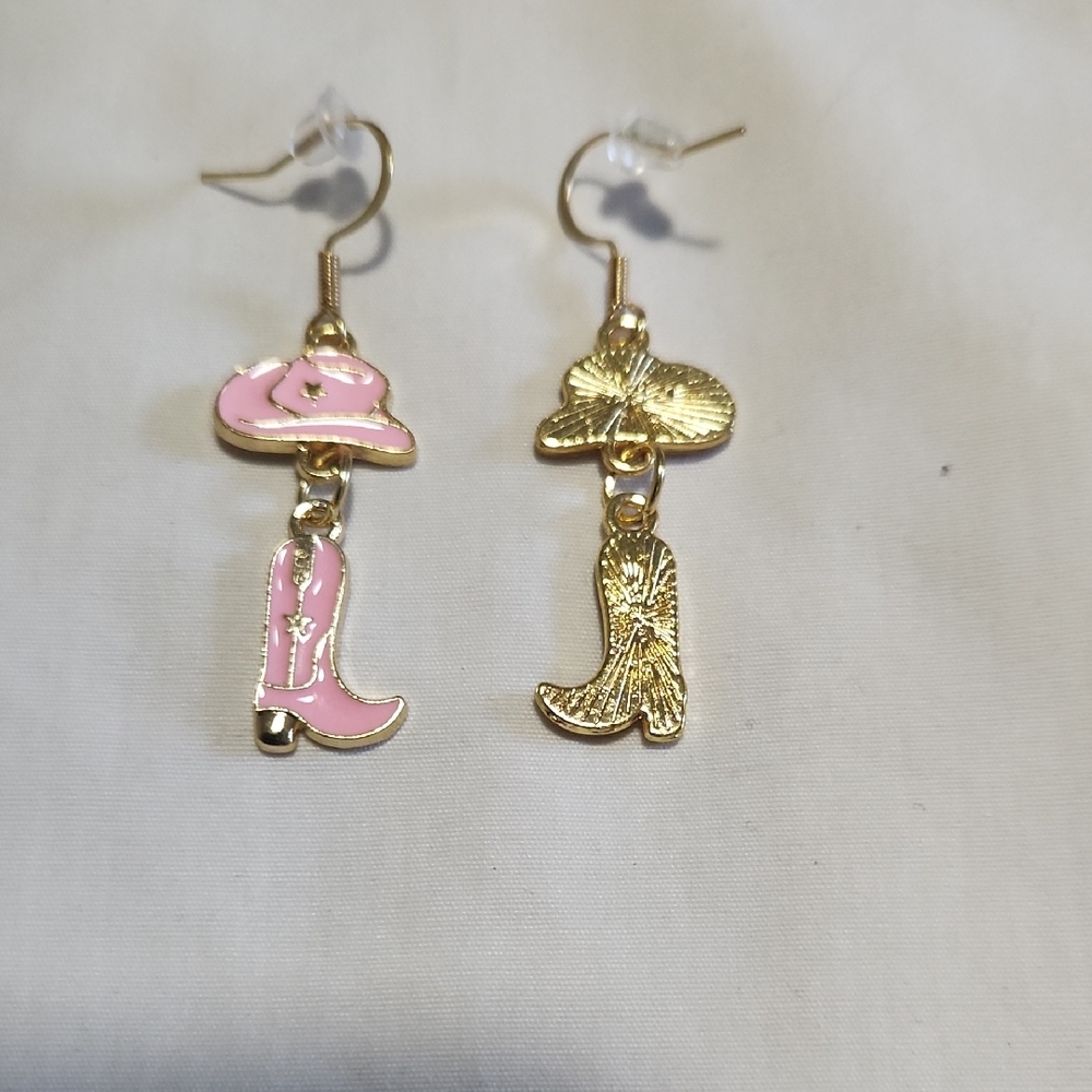 Pink and Gold Cowboy Hat and Boot Earrings